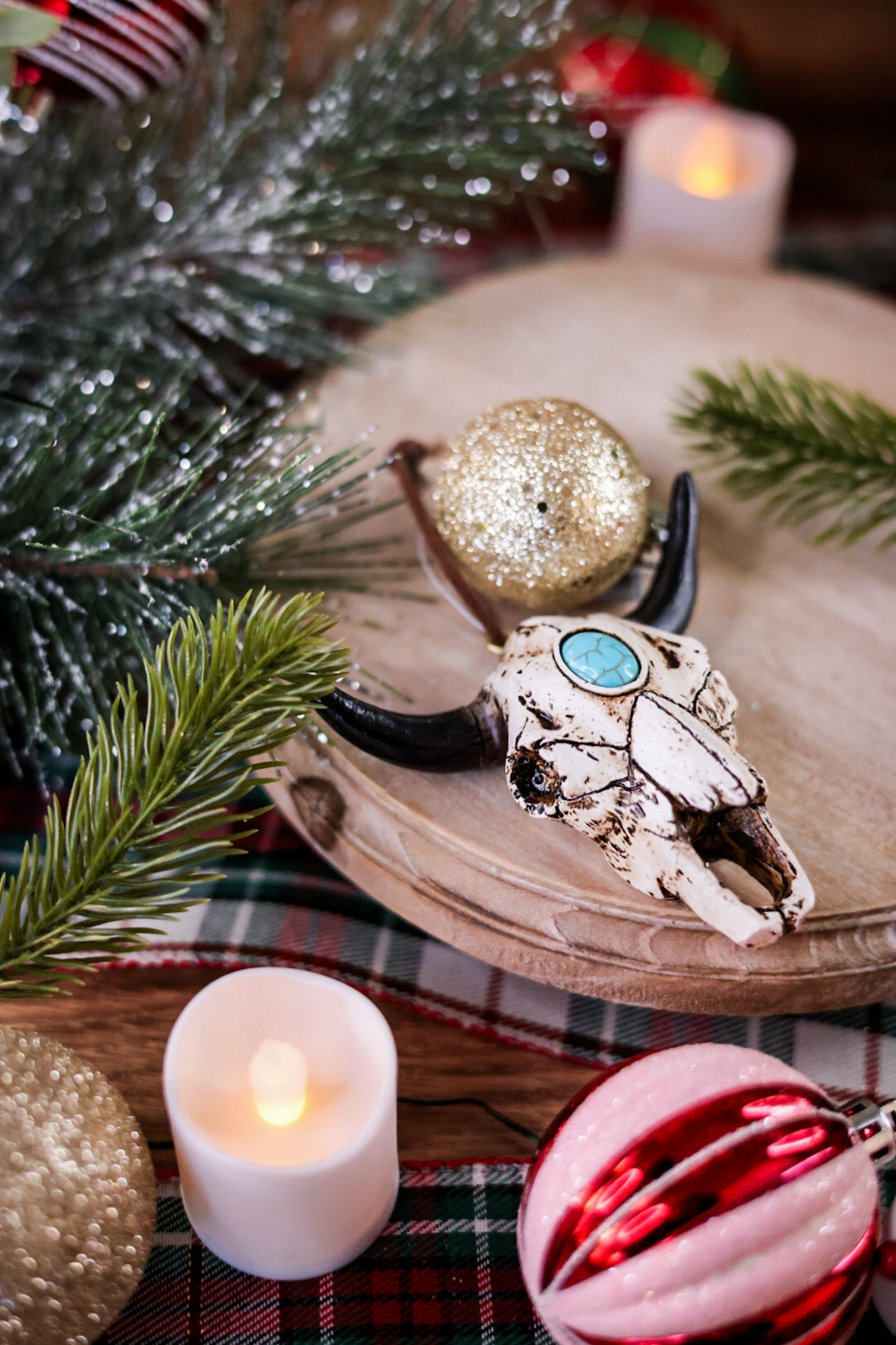 Steer Skull with Turquoise Ornament - Whiskey Skies