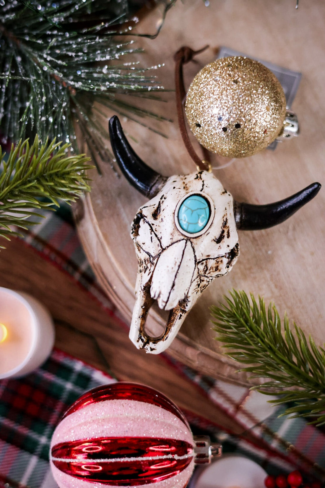 Steer Skull with Turquoise Ornament - Whiskey Skies
