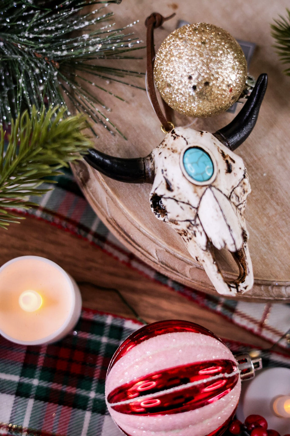 Steer Skull with Turquoise Ornament - Whiskey Skies