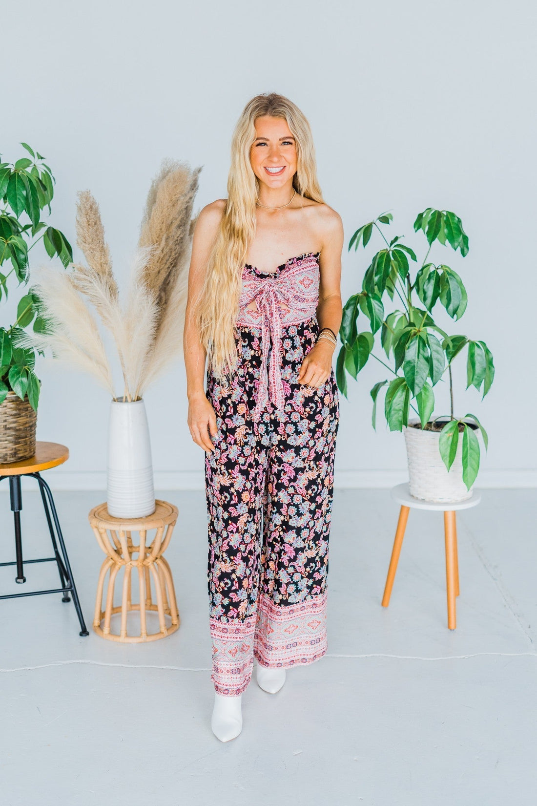 Strapless Floral Print Jumpsuit - Whiskey Skies - WHITE BIRCH