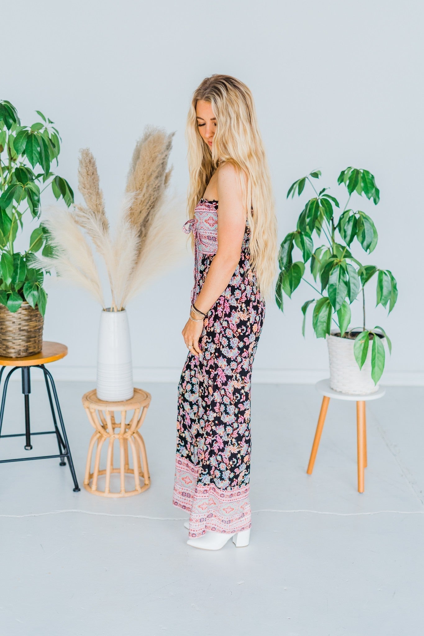 Strapless Floral Print Jumpsuit - Whiskey Skies - WHITE BIRCH