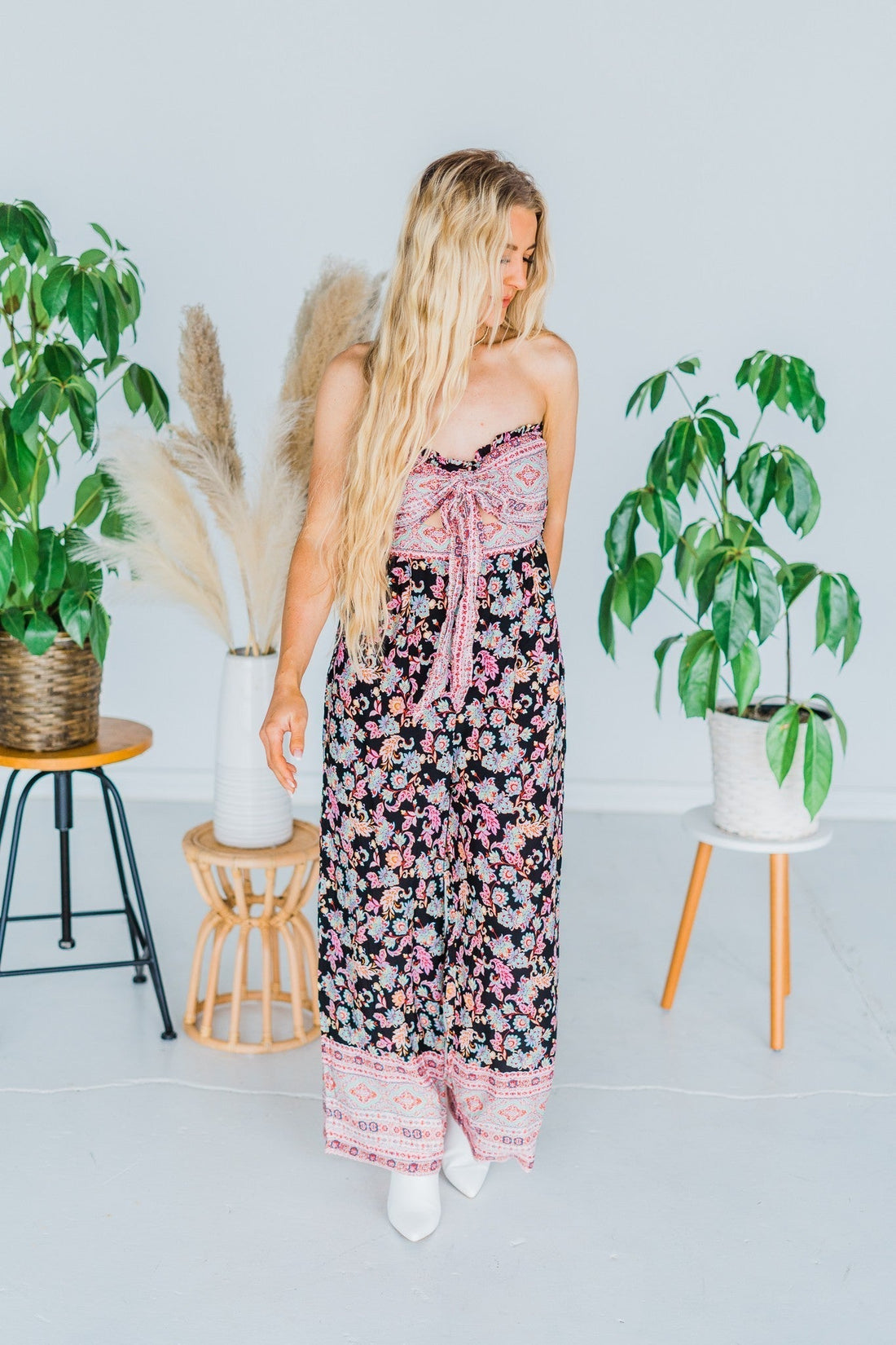 Strapless Floral Print Jumpsuit - Whiskey Skies - WHITE BIRCH