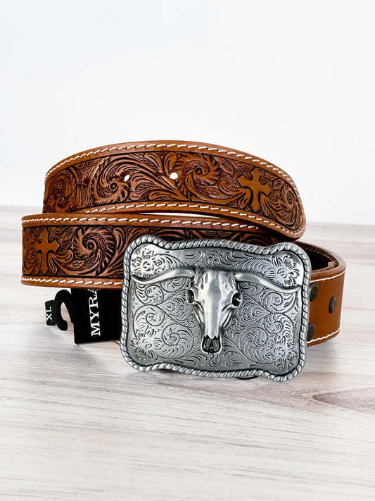Structured Hand-Tooled Leather Belt - Whiskey Skies