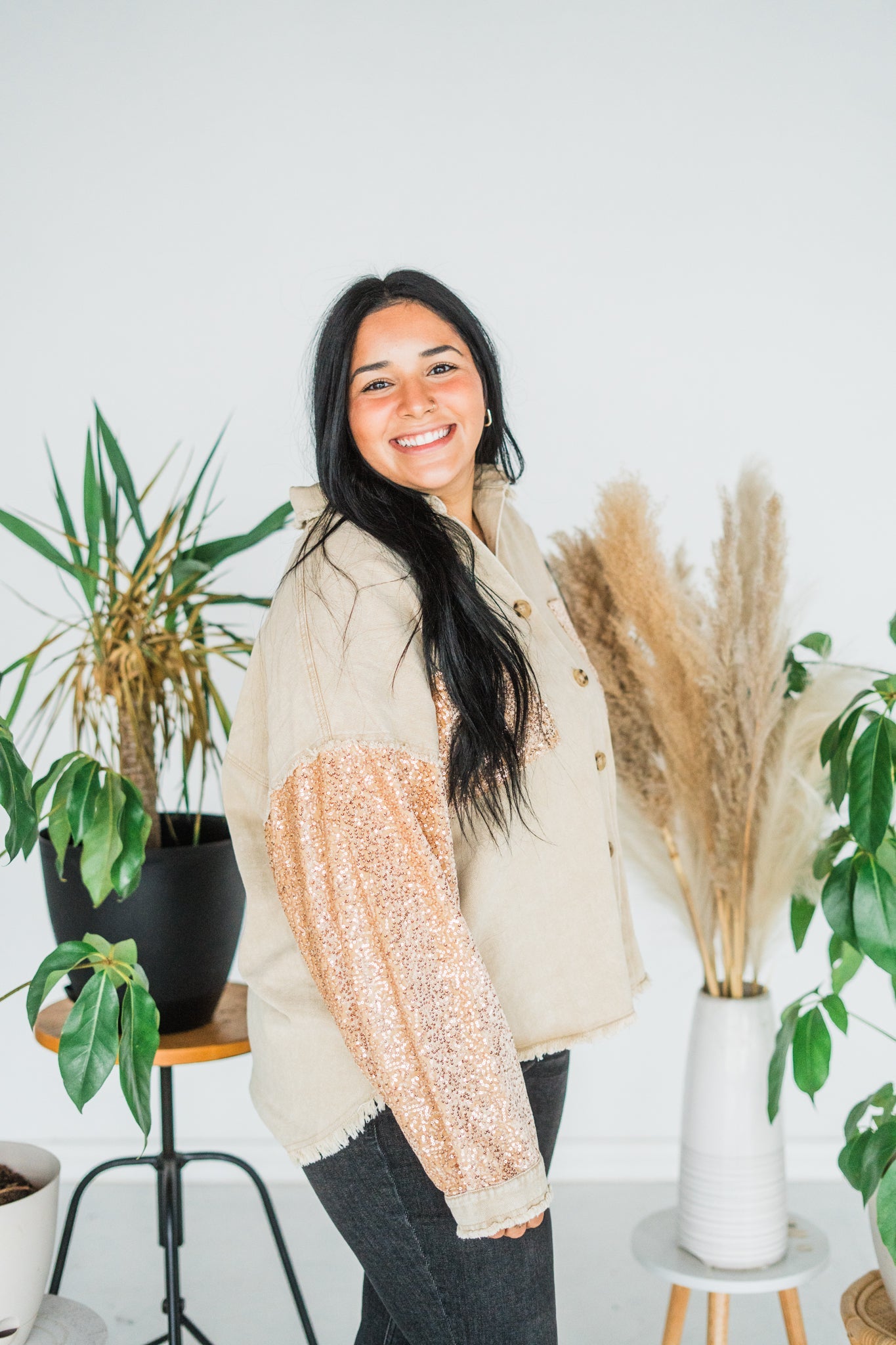 Tan Sequin Pocket Button Down Top - Whiskey Skies