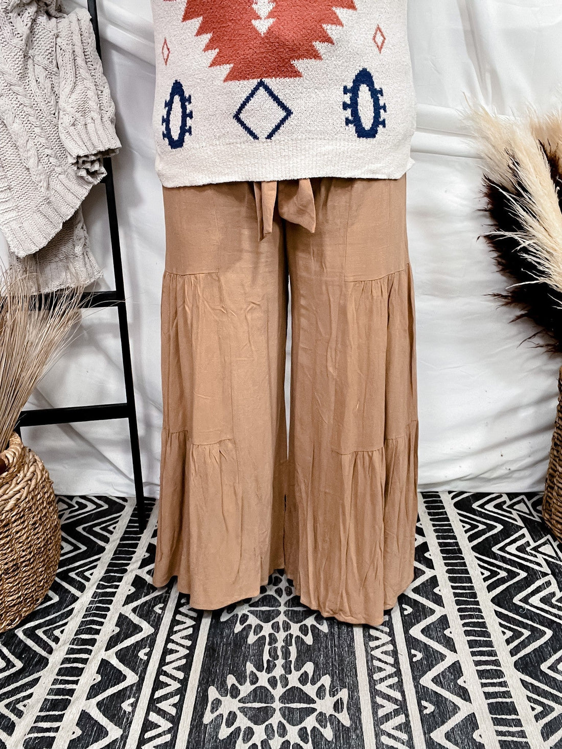 Tan Smocking Waist Tier Wide Pants - Whiskey Skies - SAINTS & HEARTS