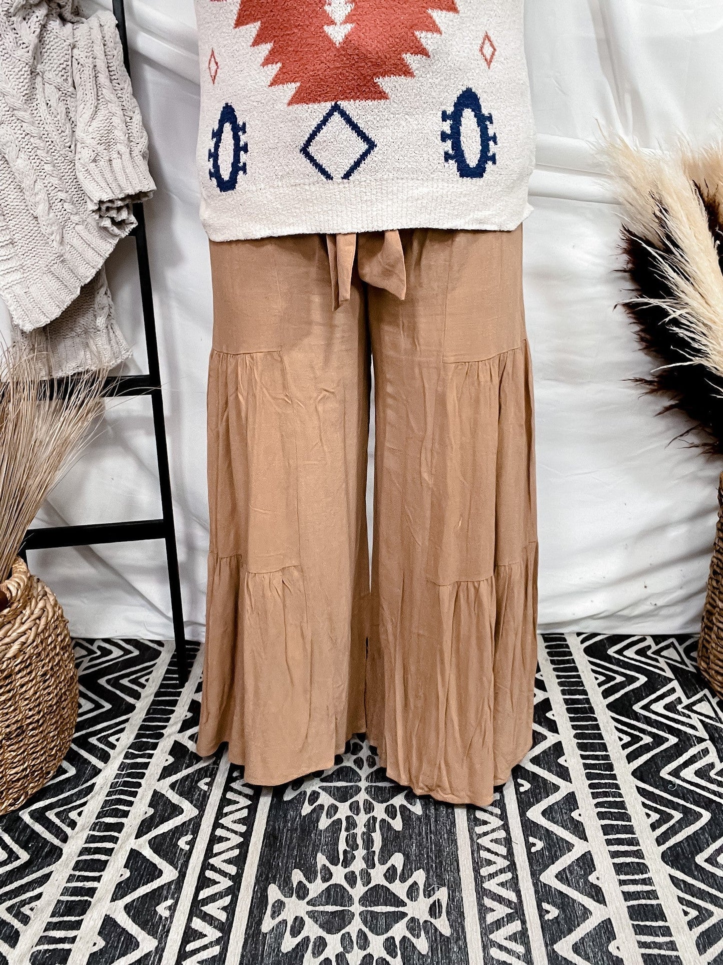 Tan Smocking Waist Tier Wide Pants - Whiskey Skies - SAINTS & HEARTS