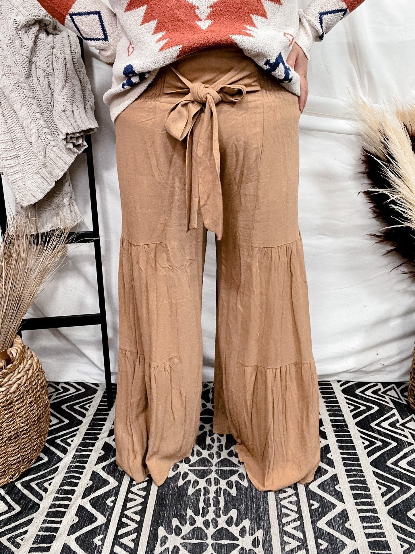 Tan Smocking Waist Tier Wide Pants - Whiskey Skies - SAINTS & HEARTS