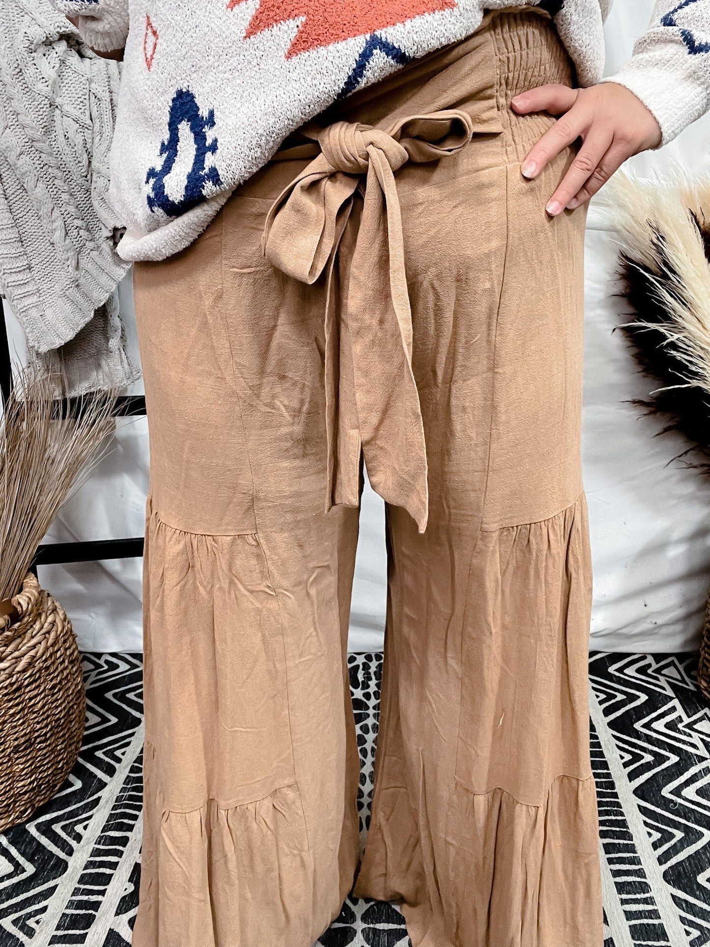 Tan Smocking Waist Tier Wide Pants - Whiskey Skies - SAINTS & HEARTS