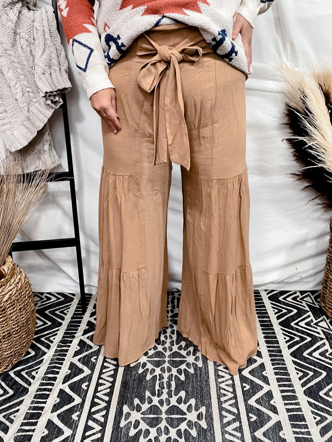 Tan Smocking Waist Tier Wide Pants - Whiskey Skies - SAINTS & HEARTS