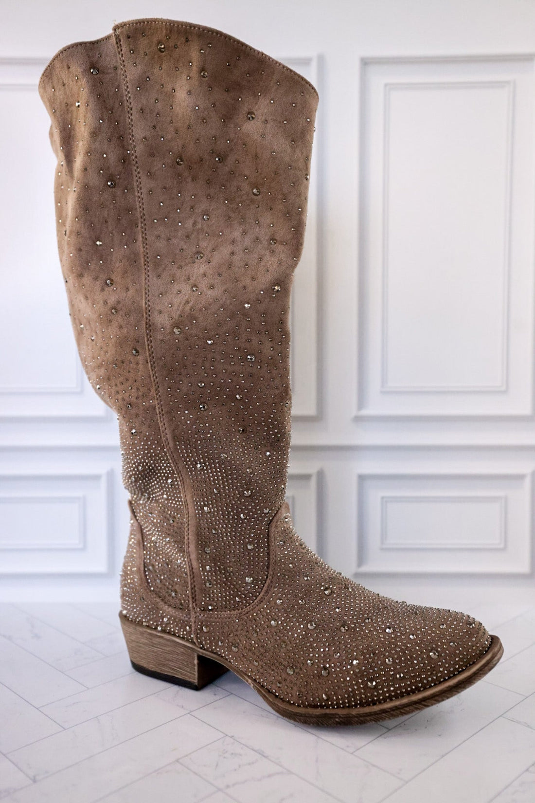 Taupe Crystal Wide Calf Boots - Whiskey Skies