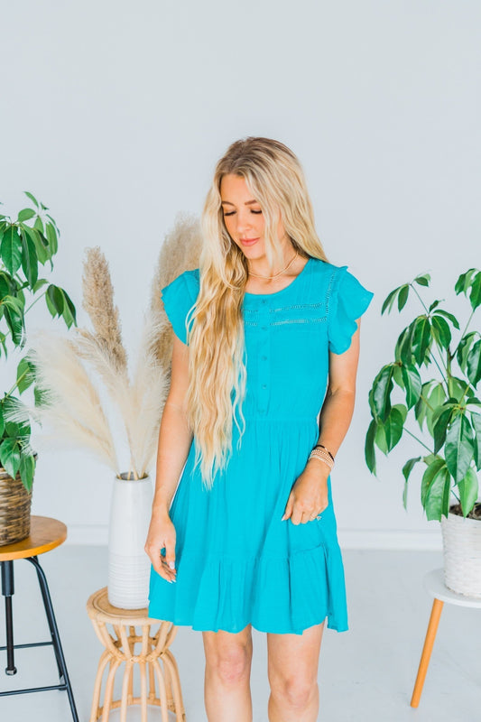 Teal Flutter Sleeve Dress - Whiskey Skies