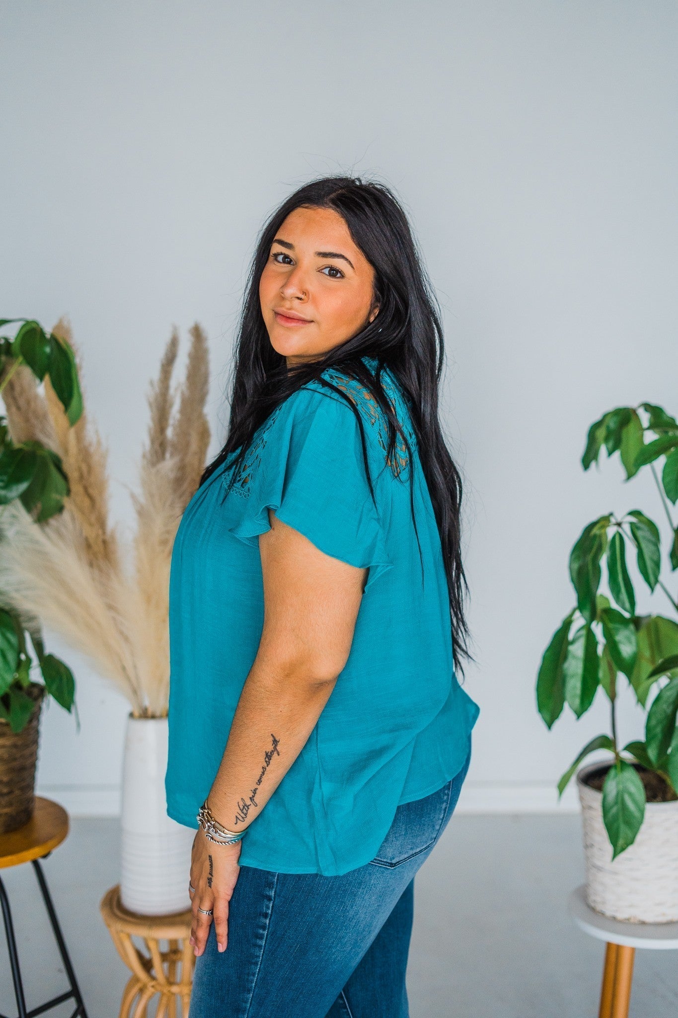 Teal Lace Detail Short Sleeve Top - Whiskey Skies