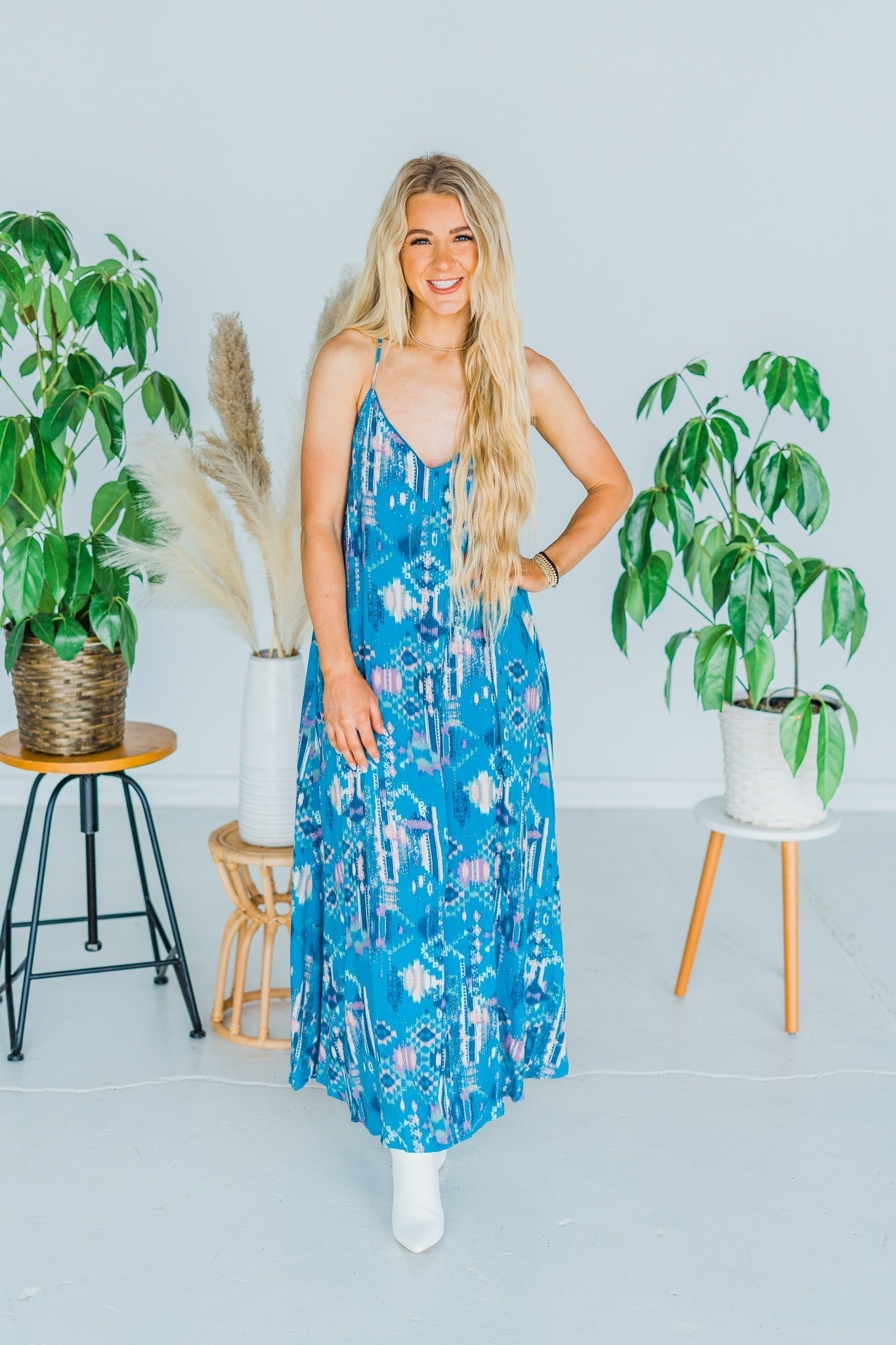 Teal Print Maxi Dress With Adjustable Straps - Whiskey Skies