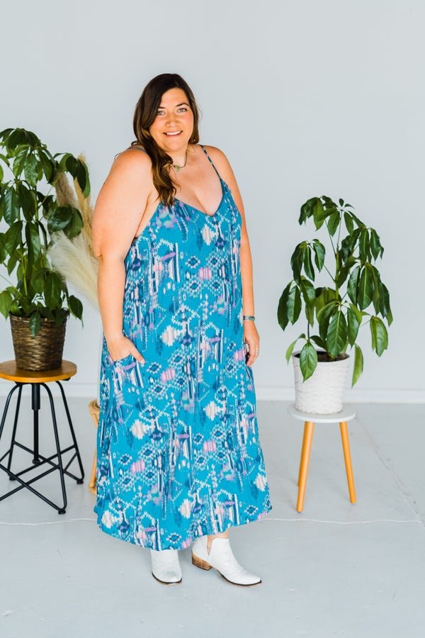 Teal Print Maxi Dress With Adjustable Straps - Whiskey Skies