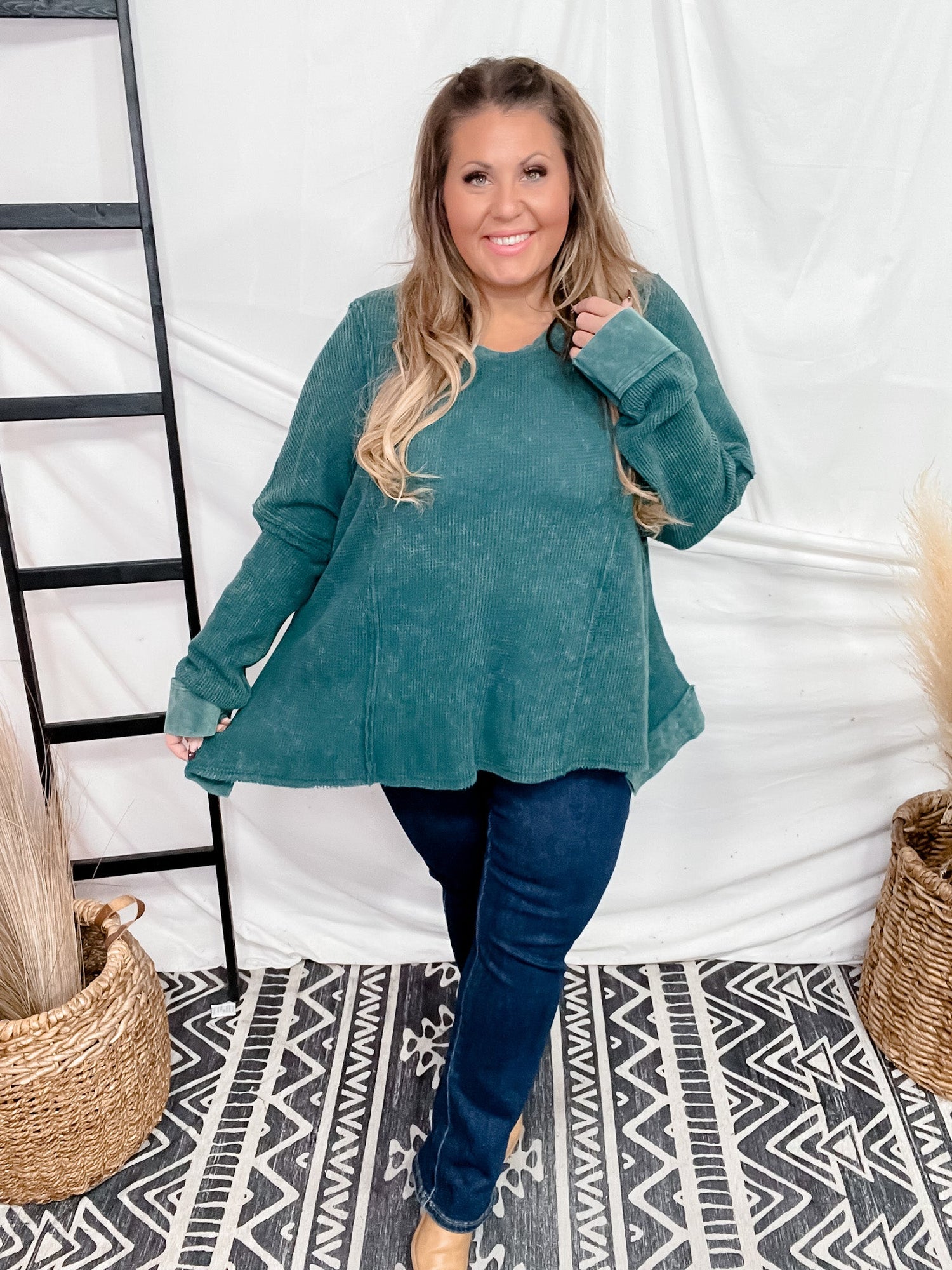 Teal Waffle Knit Round Neck Top - Whiskey Skies