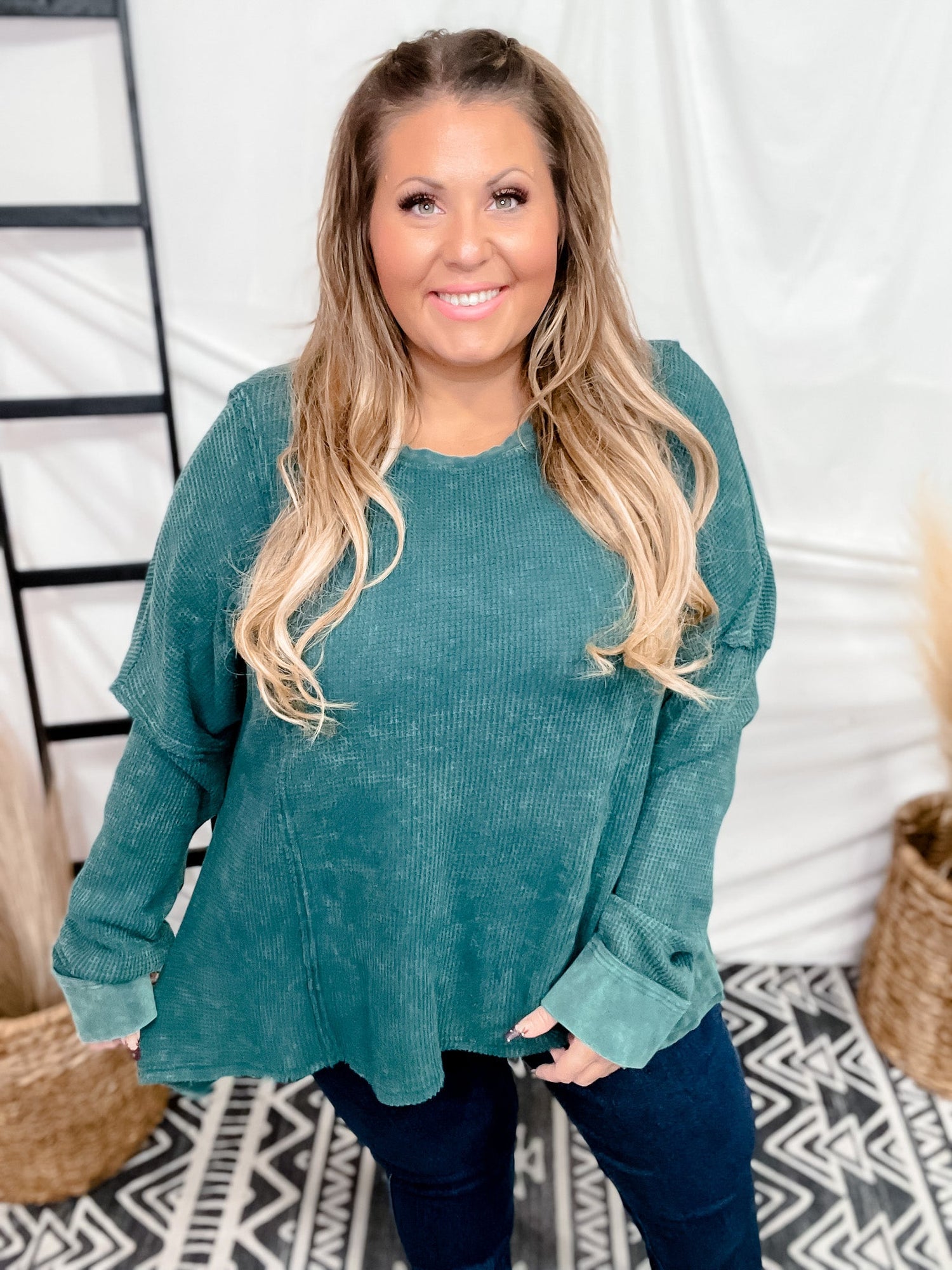Teal Waffle Knit Round Neck Top - Whiskey Skies