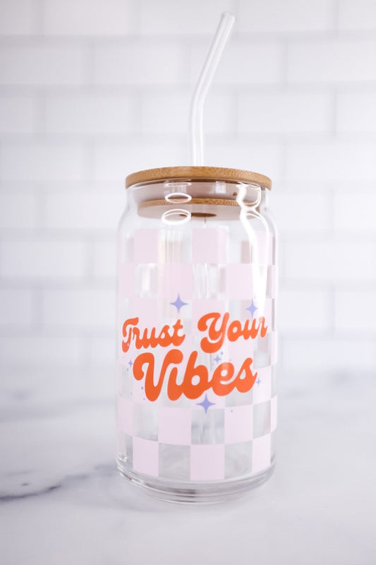 Trust Your Vibes Beer Can Glass With Lid And Straw - Whiskey Skies