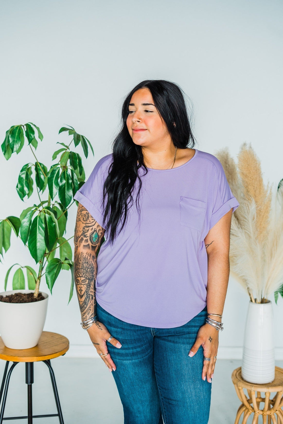 Violet Rolled Sleeve Pocket Tee - Whiskey Skies - SEW IN LOVE