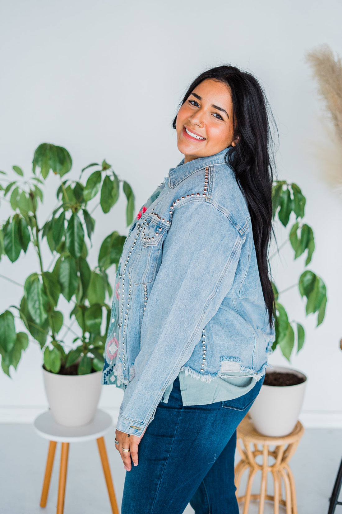 Washed And Studded Denim Jacket - Whiskey Skies