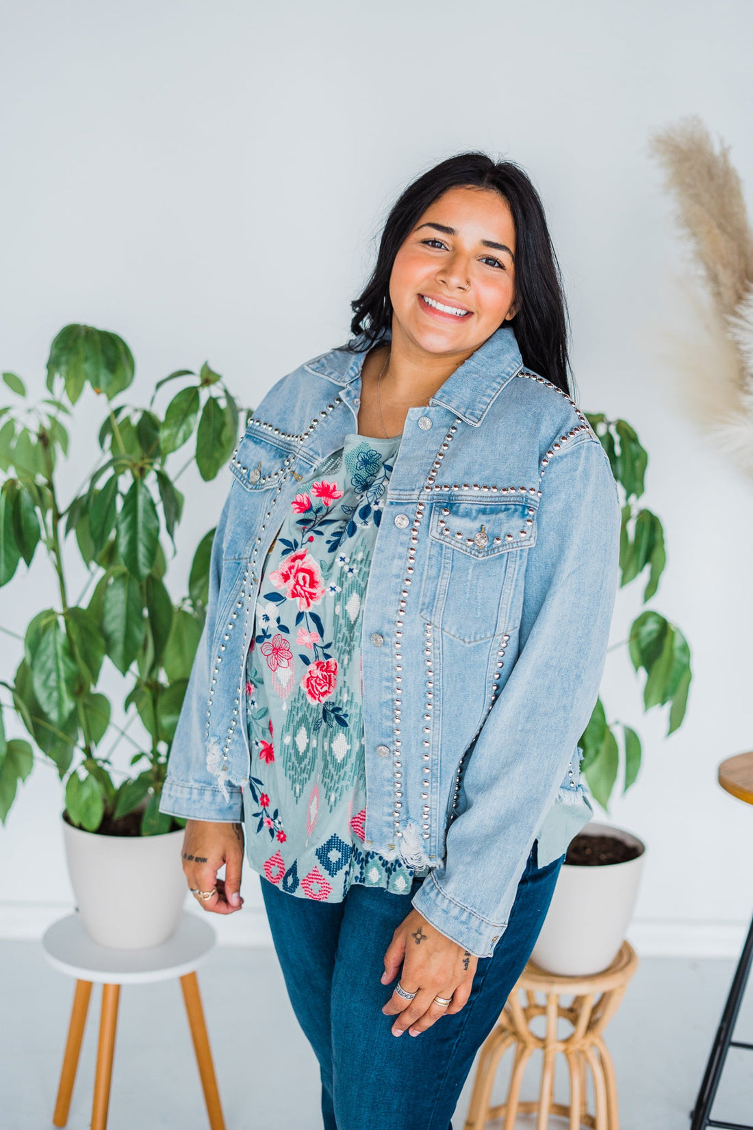 Washed And Studded Denim Jacket - Whiskey Skies