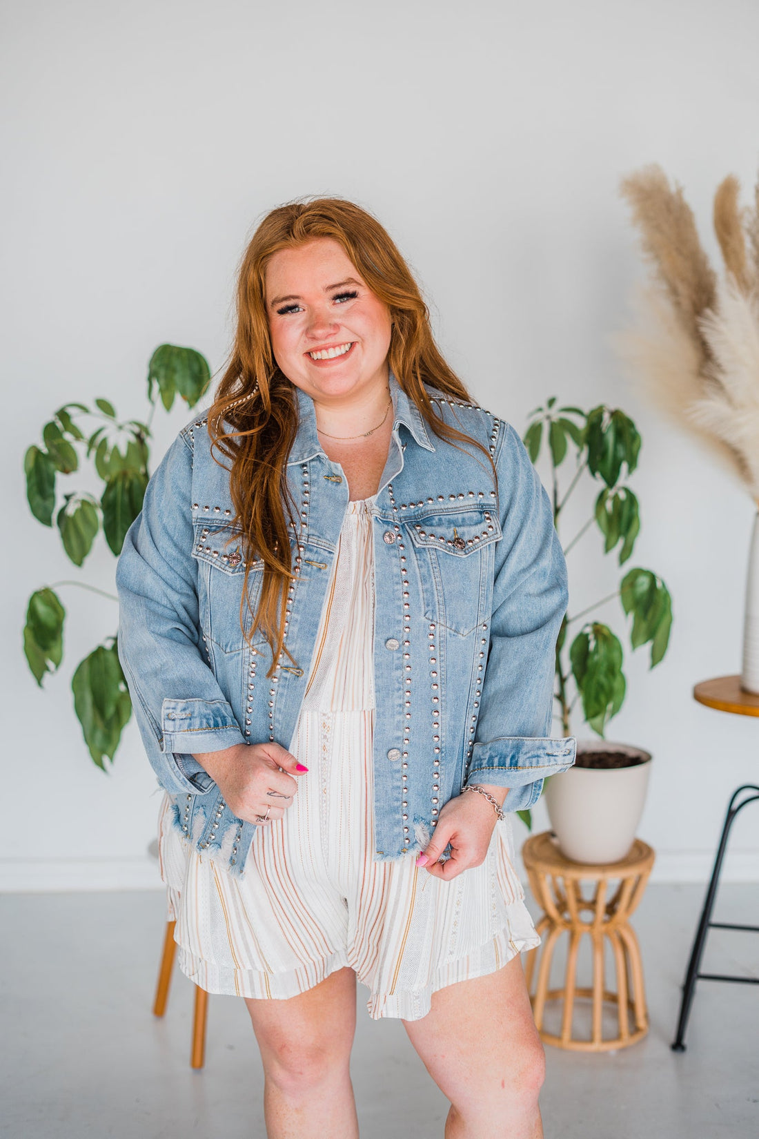 Washed And Studded Denim Jacket - Whiskey Skies