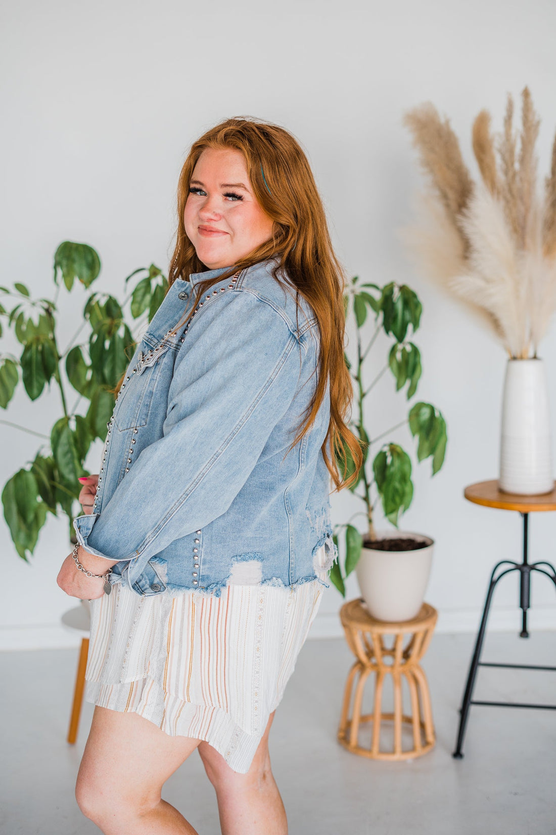 Washed And Studded Denim Jacket - Whiskey Skies