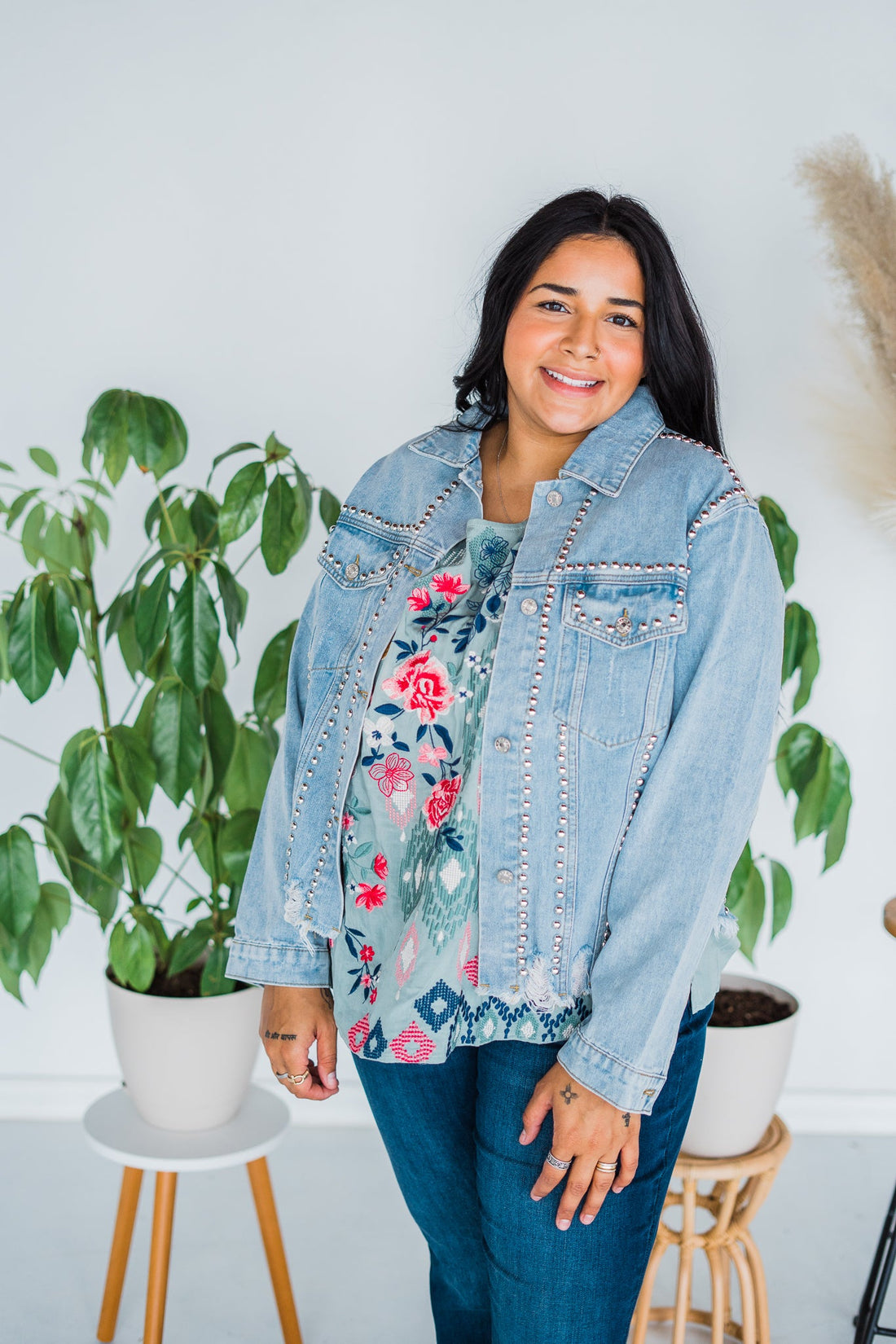 Washed And Studded Denim Jacket - Whiskey Skies