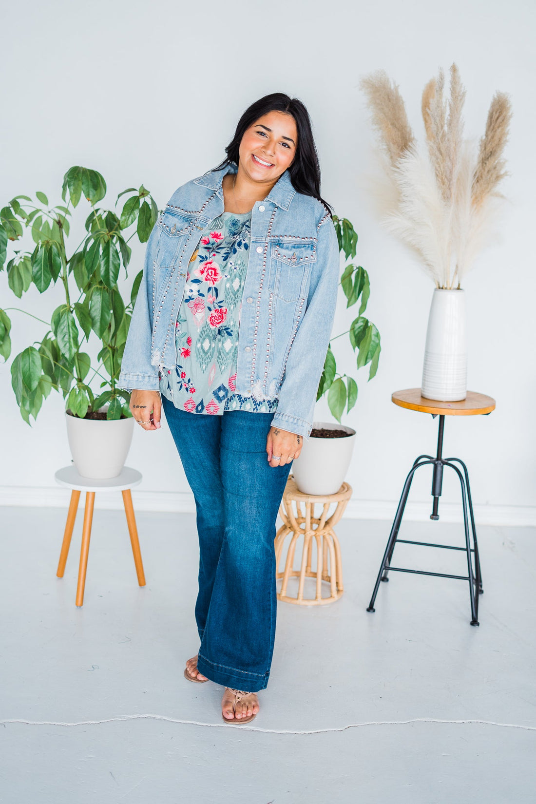 Washed And Studded Denim Jacket - Whiskey Skies