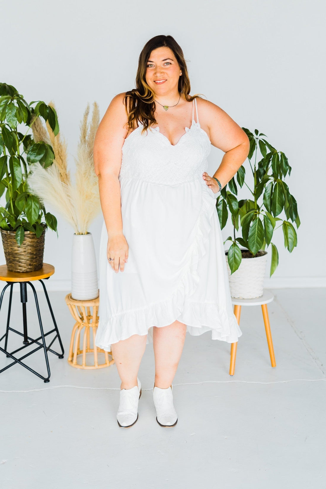 White Lace With Ruffle Bottom Dress - Whiskey Skies