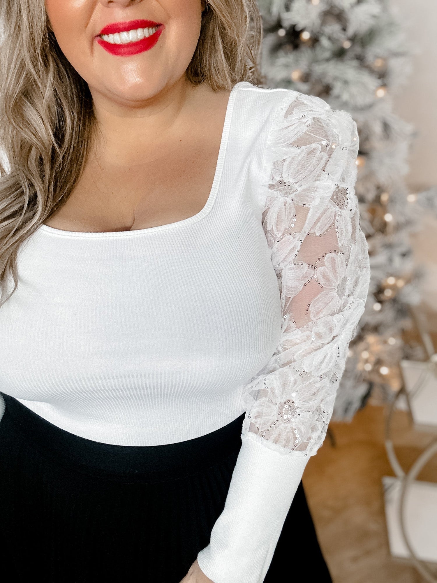 White Sequined Floral Lace Knit Top - Whiskey Skies