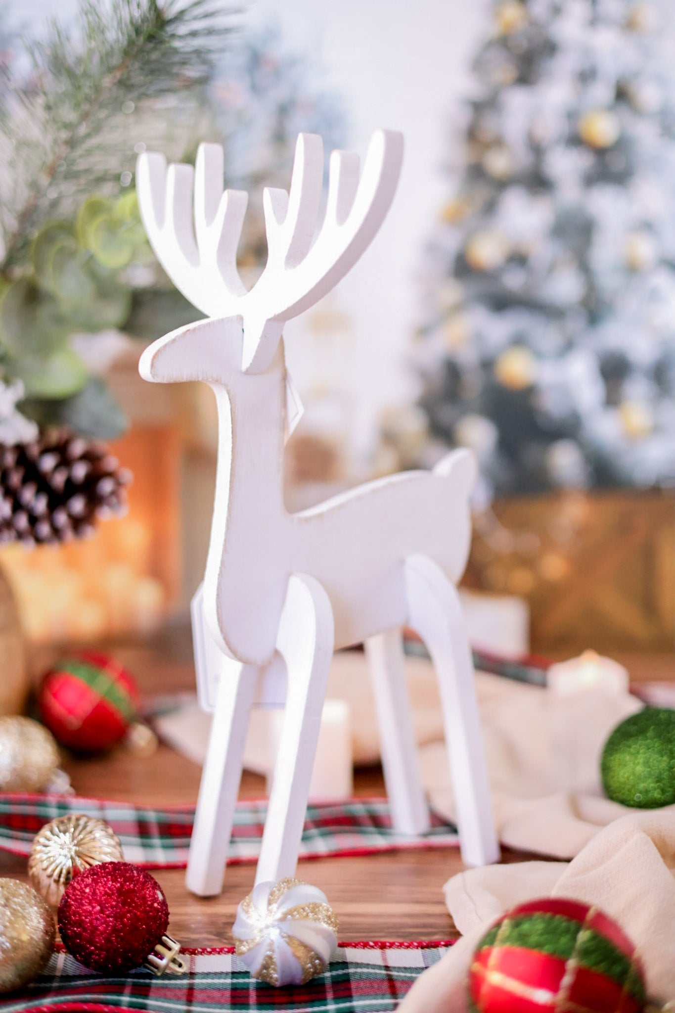 White Wooden Reindeer Cutout Table Top Decor - Whiskey Skies