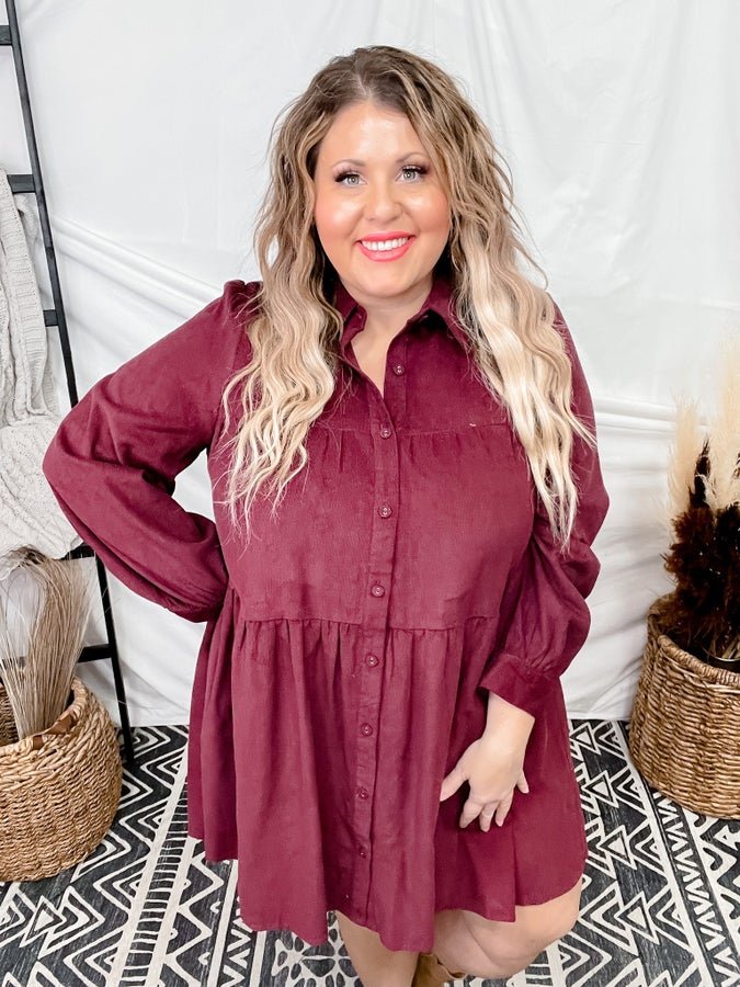 Wine Corduroy Button Down Tiered Dress - Whiskey Skies