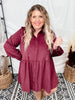 Wine Corduroy Button Down Tiered Dress - Whiskey Skies