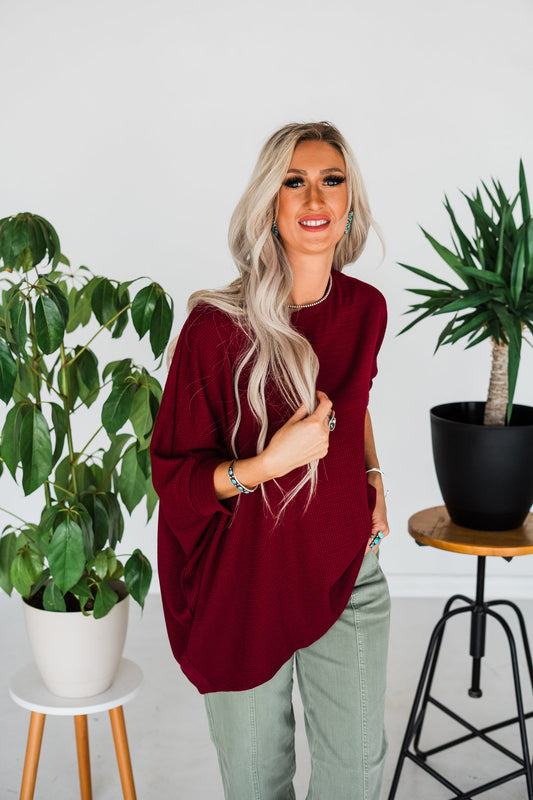 Wine Waffle Knit Essential Top - Whiskey Skies