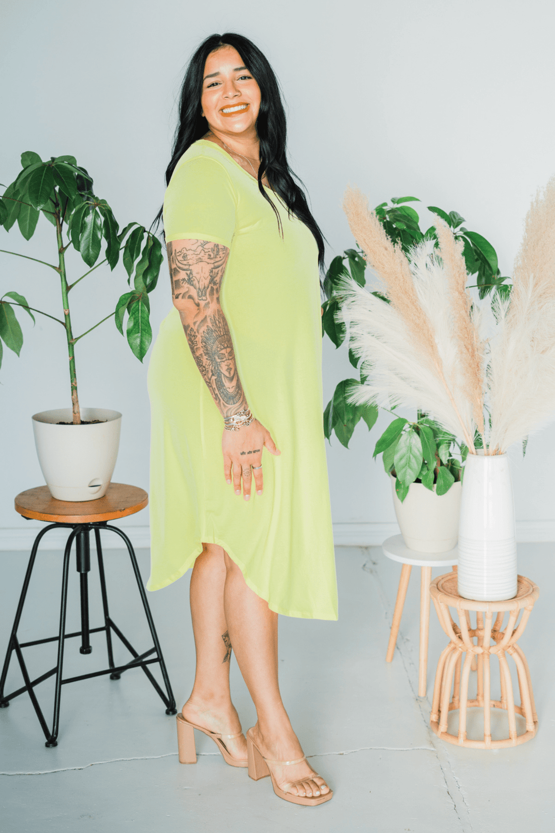 Yellow Short Sleeve Dolphin Hem Midi Dress - Whiskey Skies