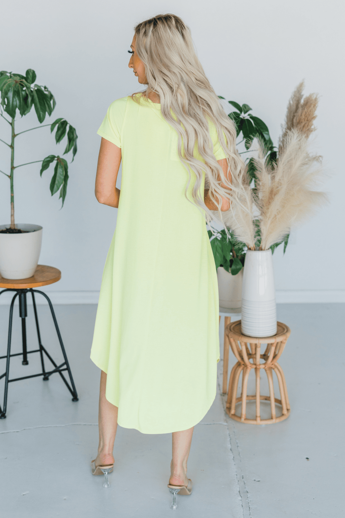 Yellow Short Sleeve Dolphin Hem Midi Dress - Whiskey Skies